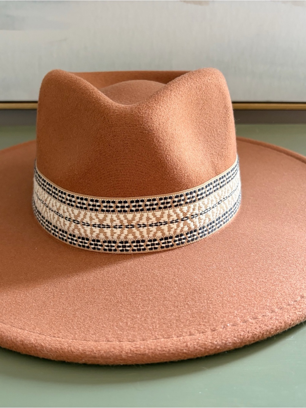Women's Tan Wide-Brim Felt Hat with Decorative Woven Band